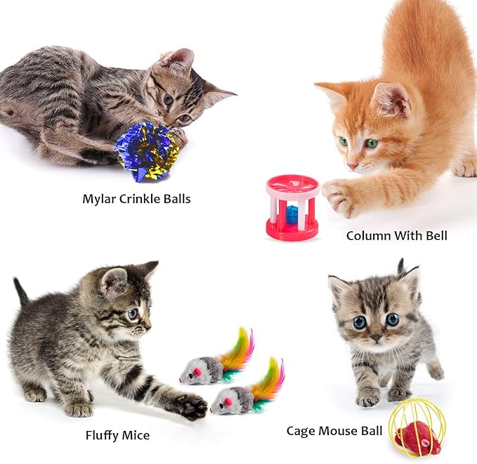 AILUKI 35 PCS Cat Toys Kitten Toys Assortments,Variety Catnip Toy Set Including 2 Way Tunnel,Cat Feather Teaser,Catnip Fish,Mice,Colorful Balls and Bells for Cat,Puppy,Kitty-Mewly Pet