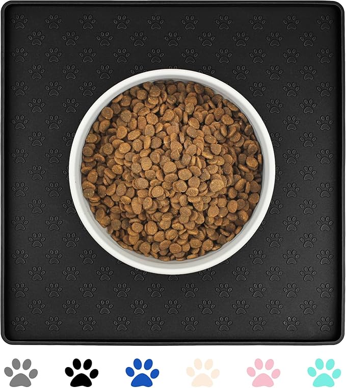 Ptlom Pet Placemat for Dog and Cat, Waterproof Non-Slip Silicone Feeding Bowl Mat Prevent Food and Water Overflow, Puppy Dish Feeder Fountain Trays Suitable for Medium and Small Pets, Black-Mewly Pet