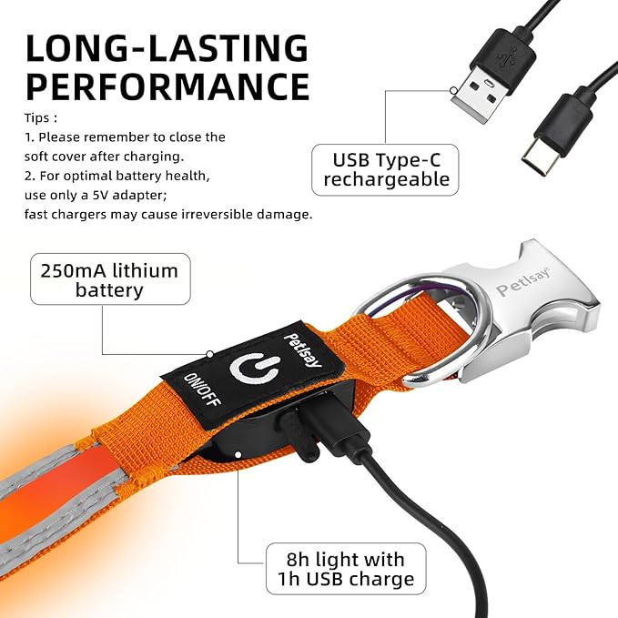 PetIsay LED Dog Collar Metal Buckle - Heavy Duty Light up Collars - Rechargeable IP68 Waterproof - Lighted Dog Collar for Night Walking, Hiking, Camping (Medium, Orange)-Mewly Pet