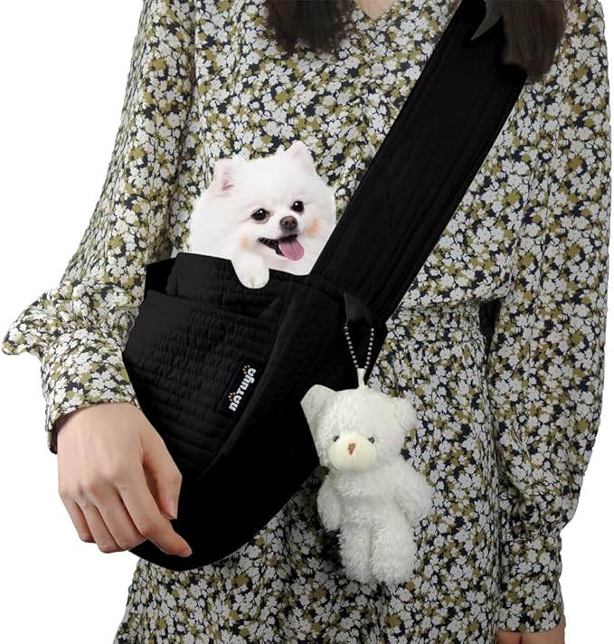 NATUYA Small Dog Carrier Sling Cat Sling-Dog Slings for Carrying Small Dogs-Adjustable Strap Hand Free Pet Puppy for Outdoor Traveling Subway (Black, Canvas-Adjustable Strap)-Mewly Pet