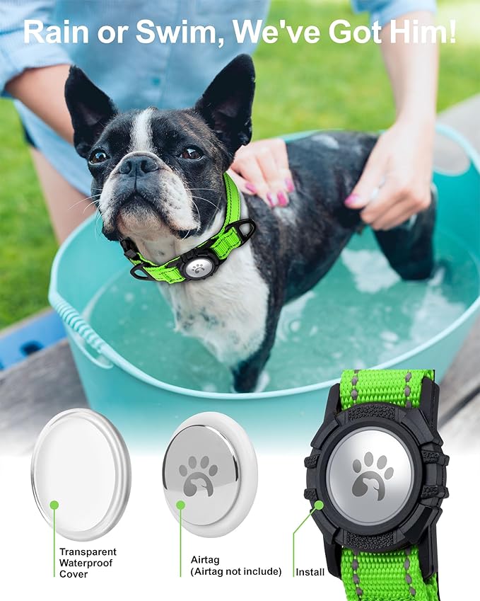 TagME Airtag Dog Collar,Waterproof Reflective Pet Collar with Airtag Holder,Soft Padded and Double D-Rings for Small Dogs,Green-Mewly Pet
