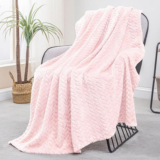 Exclusivo Mezcla Fleece Throw Blanket for Couch, 50x70 Inches Soft Cozy Jacquard Flannel Blankets, Lightweight Fuzzy Plush Warm Throws for Winter, Light Pink