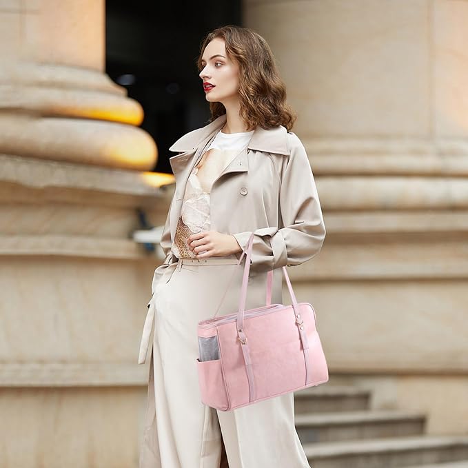 Dog Carrier Purse, Fashion Leather Pet Carrier with Pockets, Airline Approved Soft Sided Dog Carrying Bag for Puppy Cat Dog Pink-Mewly Pet