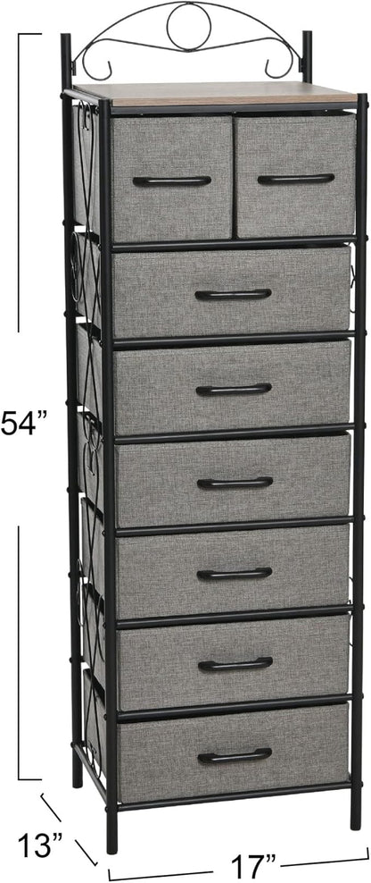 Household Essentials Victoria Dresser Tower Storage Organizer with 8 Drawers Black Metal Frame and Ashwood Rustic Wood Grain Top
