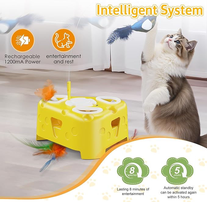 3-in-1 Interactive Cat Toy for Indoor Cats,Automatic Kitten Toys,Flying Bird,6 Holes Mole,Rotating Feather, USB Rechargeable Electronic Interactive Feather Toy for Bored Adult & Kitten Cats-Mewly Pet