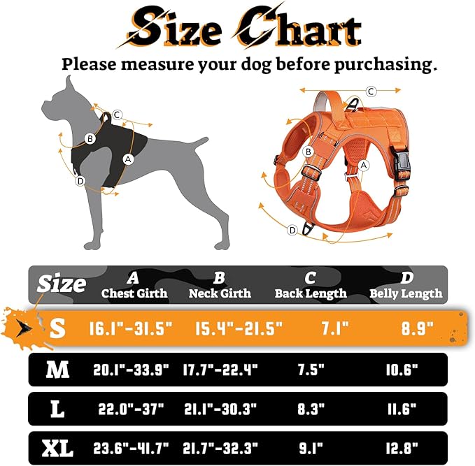 rabbitgoo Dog Harness Small Sized No Pull, Tactical Service Pet Vest with Molle and Control Handle, Adjustable and Reflective Military Harness for Easy Walking and Training, Orange, S-Mewly Pet