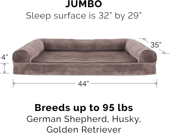 Furhaven Cooling Gel Dog Bed for Large Dogs w/ Removable Bolsters & Washable Cover, For Dogs Up to 95 lbs - Faux Fur & Velvet Sofa - Driftwood Brown, Jumbo/XL-Mewly Pet
