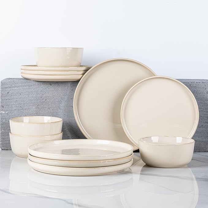 GBHOME Ceramic Dinnerware Sets for 4, 12 Pieces Stoneware Plates and Bowls Sets, Scratch Resistant Dishes, Dishwasher & Microwave Safe, Reactive Glaze-Vanilla color-Mewly Pet