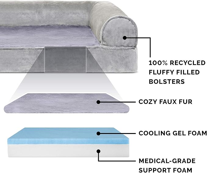 Furhaven Cooling Gel Dog Bed for Medium/Small Dogs w/ Removable Bolsters & Washable Cover, For Dogs Up to 35 lbs - Faux Fur & Velvet Sofa - Smoke Gray, Medium-Mewly Pet
