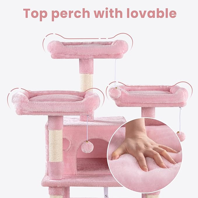 SHA CERLIN 68 Inches Multi-Level Large Cat Tree for Large Kitties/Big Cat Tower with Condo/Cozy Plush ‌Pussycat Perches/Sisal Scratching Posts and Hammocks/Activity Center/Pink-Mewly Pet