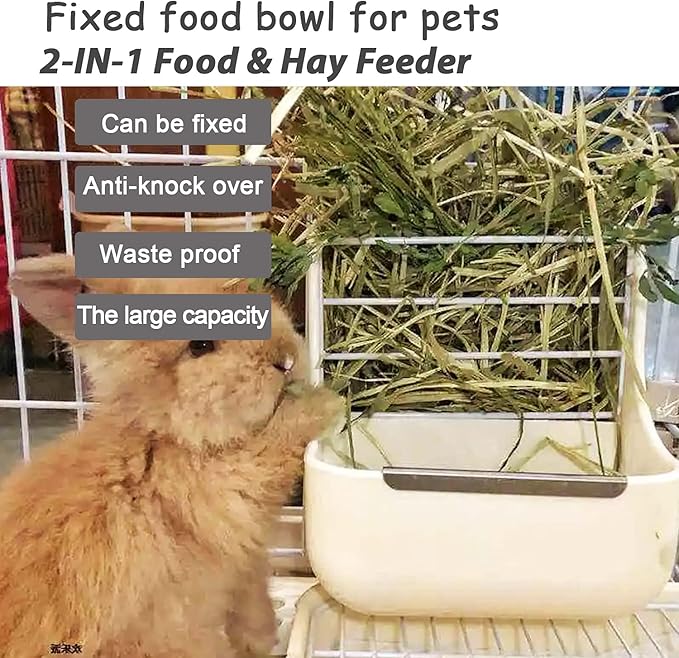 HERCOCCI Rabbit Hay Food Bin Feeder and Bunny Water Bottle Set, Hay Food Feeder Bowls Manger Rack with 500ml Hanging Water Dispenser Prevent Knock Over for Rabbit Guinea Pig Chinchilla (Large, White)-Mewly Pet
