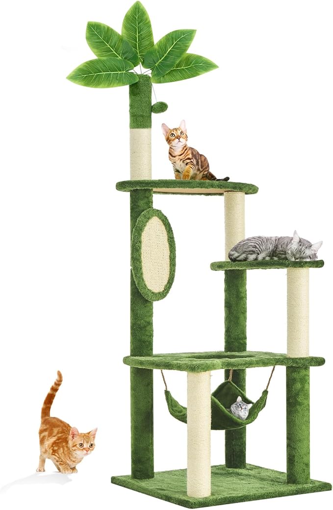55 Inch Large Cat Tree Tower for Indoor Cats with Hammock Green Leaves Sisal Scratching Post, Plush Hang Ball Play Furniture for Kittens & Adult Cats,New Green-Mewly Pet