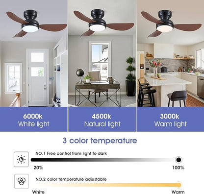 36 Inch Modern Ceiling Fans with Lights, Small Flush Mount Ceiling Fan with Light and Remote/APP Control, 3 Reversible 6 Speeds Curved Blades, 3 CCT Dimmable Lights for Bedroom, Brown