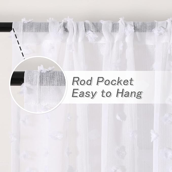 MYSKY HOME Pom Pom White Sheer Curtains for Bedroom Girls Room Curtains 72 Inches Long for Nursery Kids Light Filtering Boho Window Drapes, Rod Pocket, 52" Wide, 2 Panels