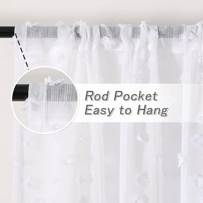 MYSKY HOME Pom Pom White Sheer Curtains for Bedroom Girls Room Curtains 108 Inches Long for Nursery Kids Light Filtering Boho Window Drapes, Rod Pocket, 38" Wide, 2 Panels