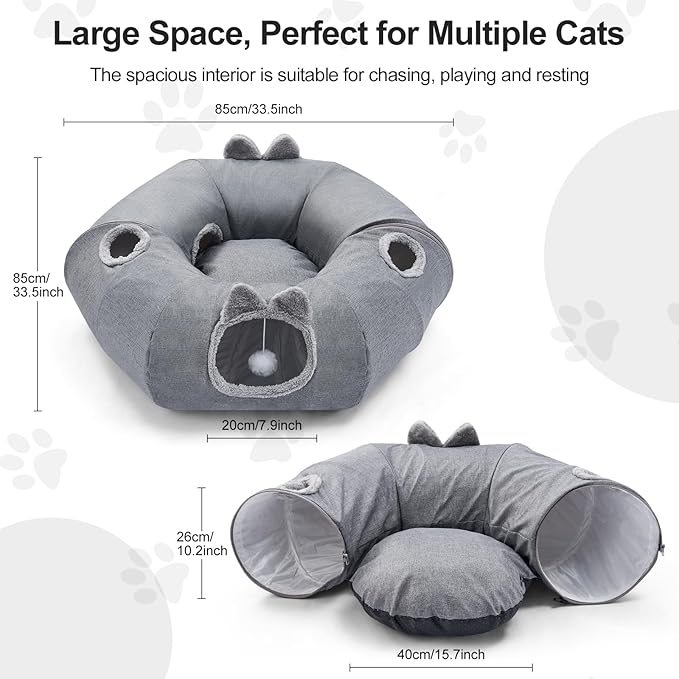 Odoland Summer Linen Cat Tunnels for Indoor Cats with Cooling Central Cat Bed, Interactive Cat Toys Detachable Soft Mat and Variety Kitty Toy Set Grey-Mewly Pet