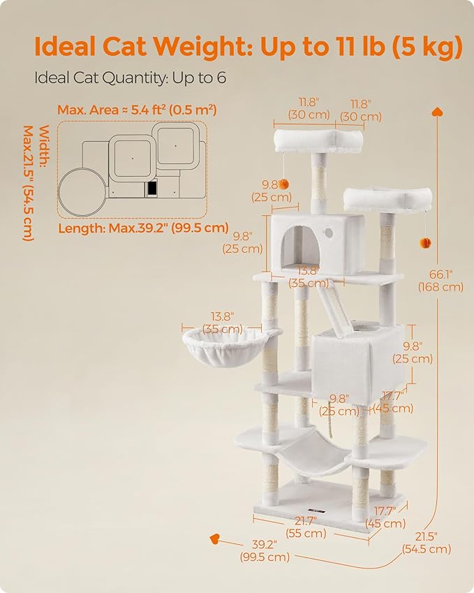 Feandrea Cat Tree, 66.1-Inch Large Cat Tower with 13 Scratching Posts, 2 Perches, 2 Caves, Basket, Hammock, Pompoms, Multi-Level Plush Cat Condo for Indoor Cats, Cream White UPCT165T01-Mewly Pet