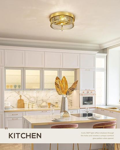 FEMILA 12" Ceiling Light Fixture, 2-Light Flush Mount Light for Bedroom Kitchen Dining Room Hallway Entryway, Brass Gold Finish with Seeded Glass, 4FTJ22-F BG