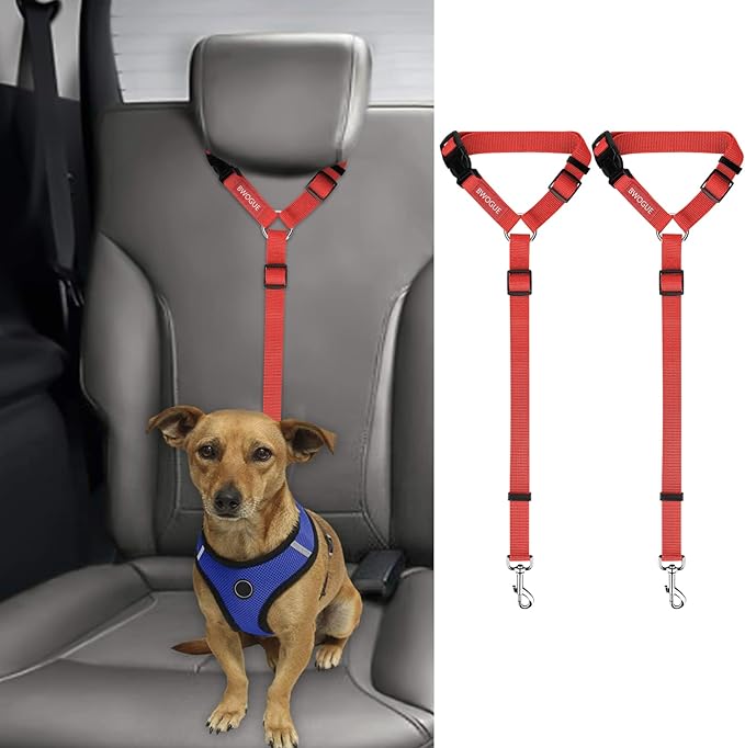 BWOGUE 2 Packs Dog Cat Safety Seat Belt Strap Car Headrest Restraint Adjustable Nylon Fabric Dog Restraints Vehicle Seatbelts Harness Red-Mewly Pet