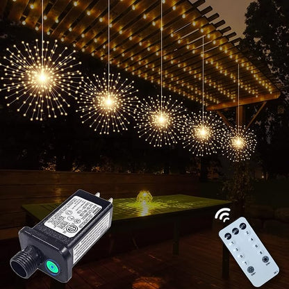 5 Pcs 1000LED Plug in Starburst Sphere Lights,Firework Light 8 Modes Dimmable Remote Control Waterproof Hanging Copper Wire Fairy Light for Patio Party Tent Christmas (Warm White)
