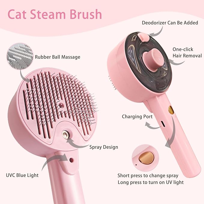 Cat Steam Brush For Shedding, Steamy Dog Grooming Brush With 2-Speed Spray, Blue Light And Release Button, Rechargeable Water Pet Hair Brushes Wet Self Cleaning Spa Comb-Mewly Pet