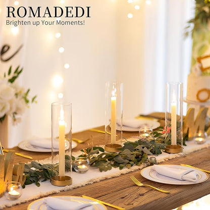 Romadedi Glass Hurricane Candle Holders Gold - 12 Inch Taper Candlestick Holder Bulk Clear Glass Cylinder Table Centerpiece Wedding Decor Party Birthday Christmas Home Decorations, Set of 6