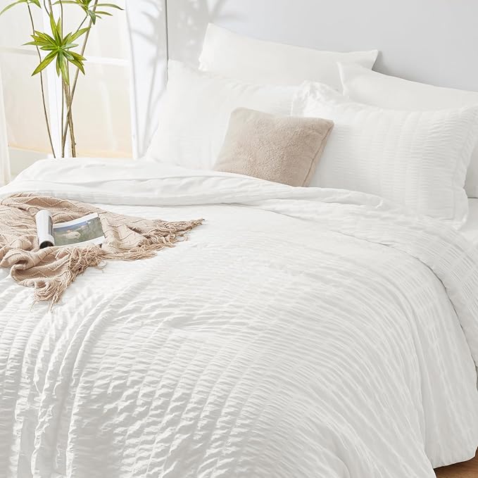 CozyLux California King Comforter Set with Sheets 7 Pieces, White Seersucker Bed in a Bag Cal King Luxury Soft Bedding Sets with Down Alternative Comforter, Sheets, Pillowcases & Shams for All Season
