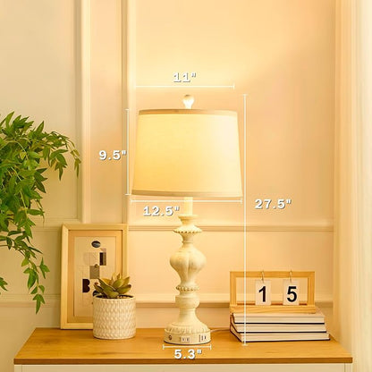 27.5" Farmhouse Table Lamps Set of 2 Bedside Nightstand Lamp with USB C+A Ports & AC Outlet, 3 Way Dimmable Touch Lamps for Bedroom Living Room Office Rustic Lamp (White Gold)