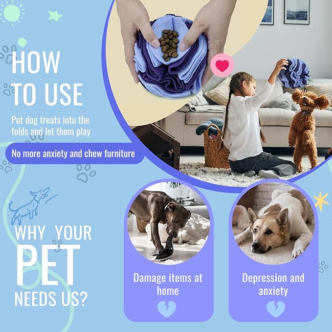 Pet Snuffle Ball, Puzzle Sniffing Interactive Dog Ball for Blind Dogs Training Stress Relief Dog Enrichment Toys Treat Machine Washable (15cm, Gradient Purple)-Mewly Pet
