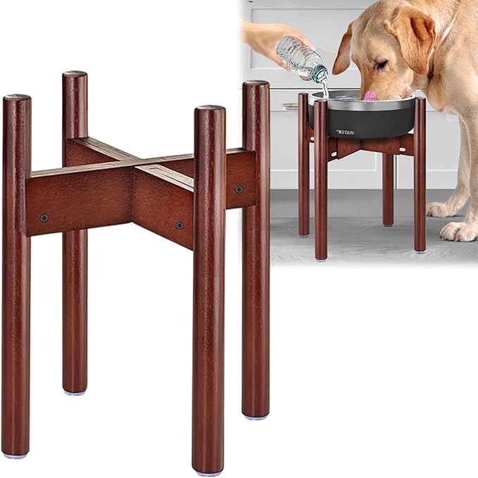 Stand for Dog Water/Food Bowl, Fountain Dishes and Feeders - Makes 14-inch High, Ideal for Large Breeds - Adjustable Sideways with Lock, Dark Wood - Bowls Not Included-Mewly Pet