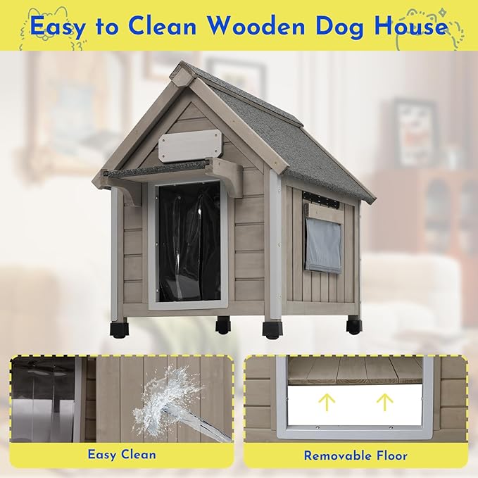 Outdoor Dog House Weatherproof Large Wooden Dog Kennel Indoor for Small Dogs with Chew-Proof Frame, Oxford Fabric Window, Removable Floor Pet Shelter (Grey, 18.1" D x 25.2" W x 24" H)-Mewly Pet