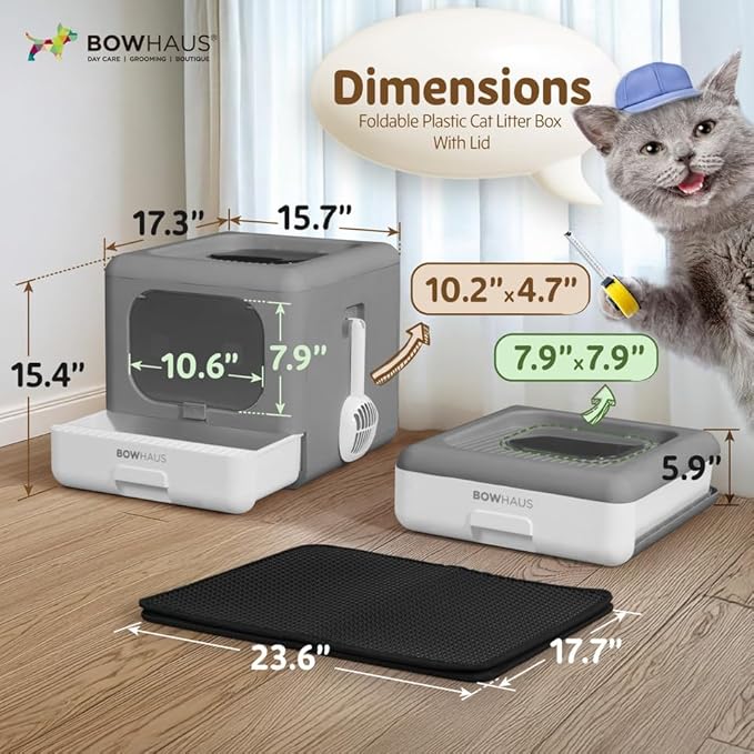 Foldable Cat Litter Box w/Lid, Scoop & Mat, Drawer Design Cat Toilet for Kitten, Two-Way Entry Kitty Litter Box, Odor Control & Easy to Clean, Dark Grey-Mewly Pet