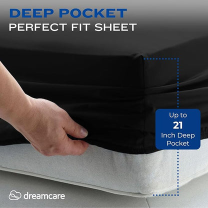 DREAMCARE Full Size Sheets – 4 pcs Cooling Sheets – up to 21” Deep Full Sheet Set – Hotel Luxury Sheets & Pillowcases – Superior Softness 100% Fine Microfiber with Side Pocket – Black