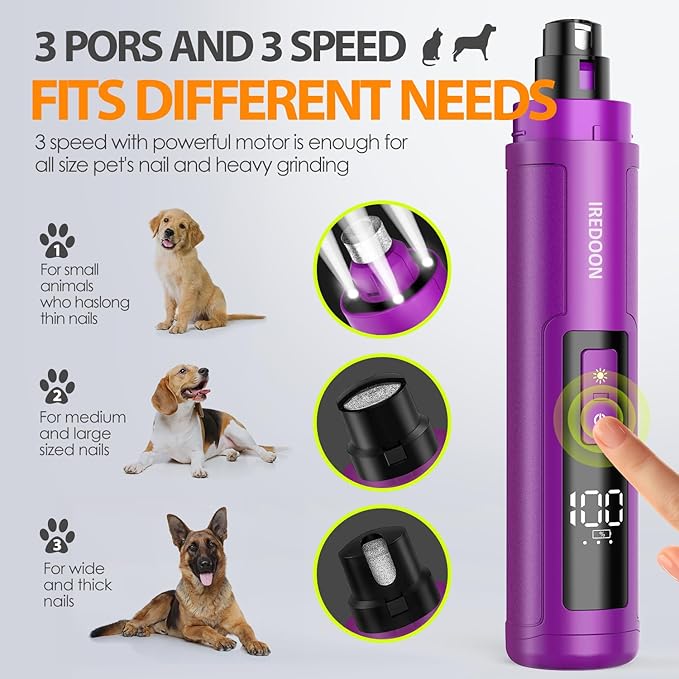 Dog Nail Grinder Upgraded - Professional 3-Speed Super Quiet and Low Vibration Electric Pet Nail Grinder with 4 LED Lights - Painless Paws Grooming & Smoothing for Small to Large Dogs (Purple)-Mewly Pet