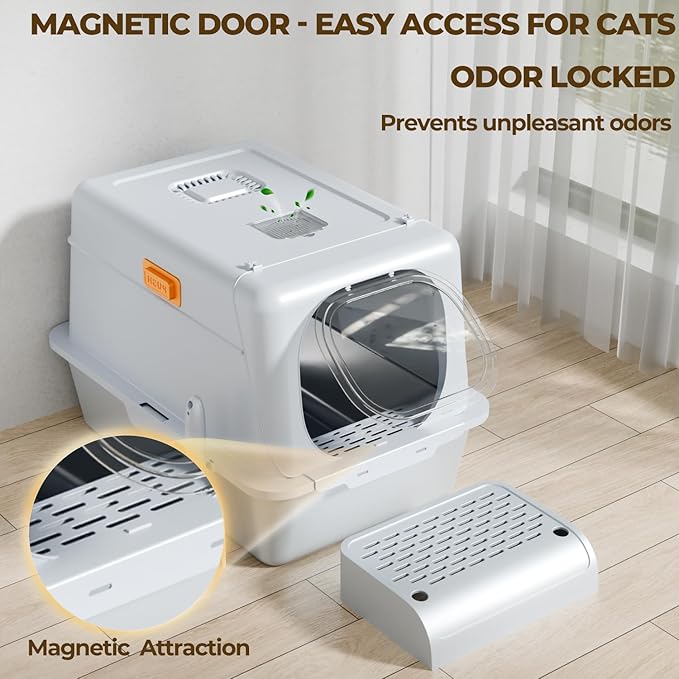 XX-Large Stainless Steel Cat Litter Box with Lid – Fully Enclosed Large Litter Box for Big Cats, Odor Control with Magnetic Door, Easy Clean, Multi-Cat Durable Metal Pan.(White-Gray)-Mewly Pet