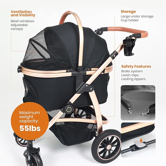 3 in 1 Pet Stroller - Stroller for Small to Medium Dogs and Cats up to 55 lbs, with Detachable Carrier/Car Seat, Foldable and Lightweight, Detachable Cushion + Cup Holder (Black/Gold)-Mewly Pet