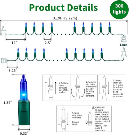LAMPHOME Super-Bright Extendable Blue Christmas Lights Decoration 300Lights 63.8ft(2pk of 150L) UL Certified Mini Bulb String Lights Set for Outdoor Christmas Tree Garden Holiday Party Patio Decor