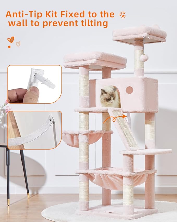 Taoqimiao Cat Tree 57.5-Inch, Cat Tower for Indoor Cats Large Adult, Extra Large Cat Condo, 8 Sisal Scratching Posts, Metal Frame Cozy Hammock, Durable Scratch Board, 2 Top Perches, Jelly Pink MS026P-Mewly Pet