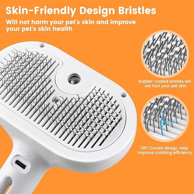 3 in 1 Cat Steam Brush, Pet Steam Brush for Cat Dog Long Short Haired, Pet Spray Hair Removal Comb for Small Animals Shedding & Grooming, Water Mist Spray Brushes with Release Button(White)-Mewly Pet