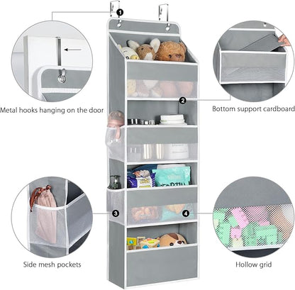 Univivi 4-Shelf Door Hanging Organizer Baby Door Storage Wall Mount Storage with 4 Large Pockets and 4 Side Mesh Pockets for Baby Stuff, Toiletries and Sundries