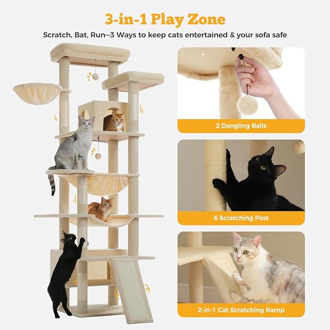 81" Heavy Duty Cat Tree for Large Cats up to 20lbs - Extra Tall Cat Tower with Metal Frame Hammock, 6 Sisal Scratching Posts, 2 Perches - Indoor Cat Furniture for Maine Coon, Big Cats, Beige-Mewly Pet