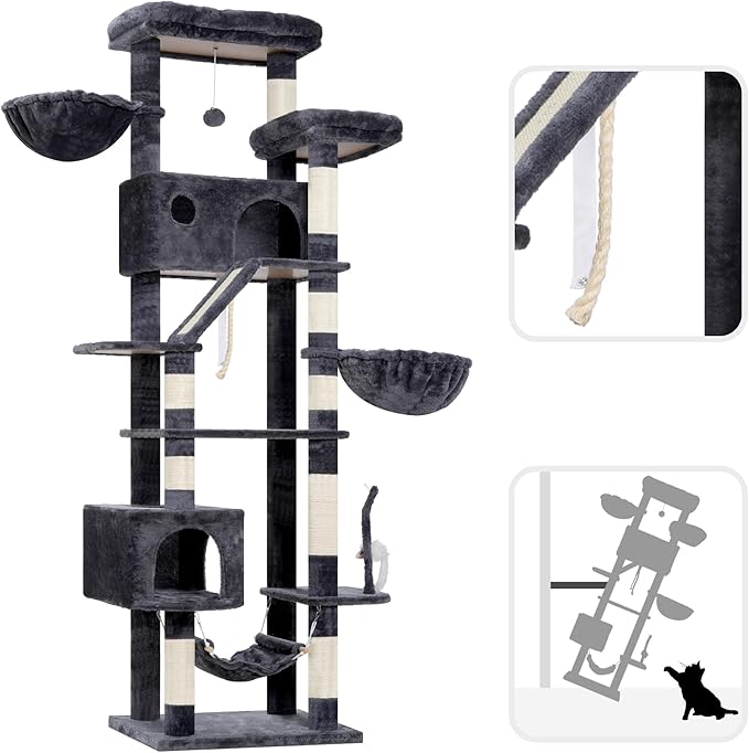 Cat Tree for Large Cats, 78.7"(200cm) Tall Cat Tower for Indoor Cats Multiple Cats with Large Top Perch, Cat Condo, Cat Hammcok, Cat Scratching Post, Dark Gray GCT031G-Mewly Pet