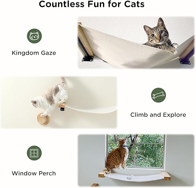 FUKUMARU Cat Wall Furniture, 2 PCS Climbing Shelves Set, Solid Rubber Wood Cat Shelf, Cats Perches for Wall Sleeping, Playing, Jumping and Lounging, 16 inch Drywall Installation-Mewly Pet