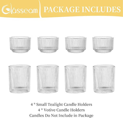 Glasseam Glass Tealight Candle Holder: Set of 8 Ribbed Clear Votive Candle Holders for Table Centerpiece, Decorative Small Vintage Tea Lights Candle Holder for Wedding Christmas Dining Room Decoration