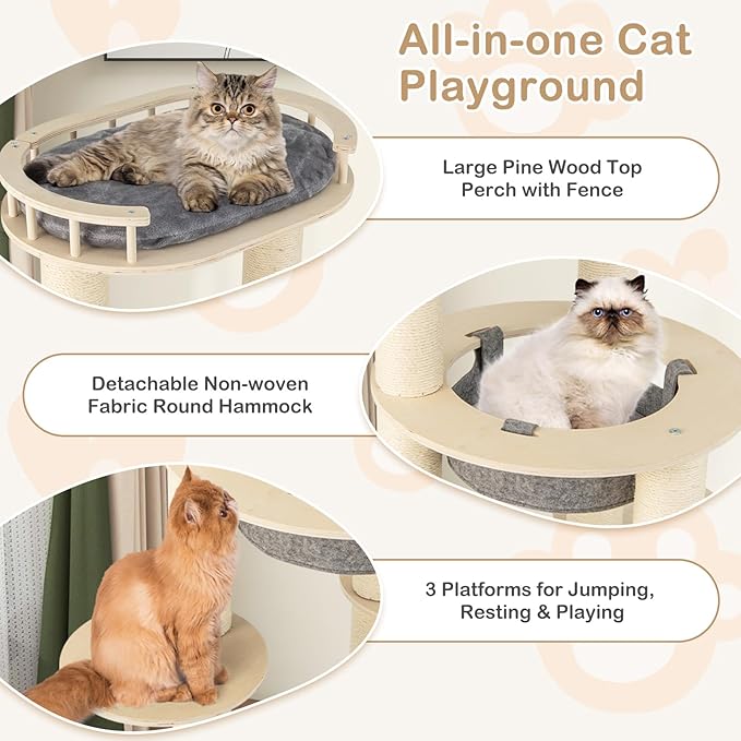 Tangkula Wood Cat Tree, 59 Inch Multi-Level Cat Tower with Top Padded Perch, Hammock, 3 Platforms & Sisal Scratching Posts, Large Modern Cat Tree Tower for Indoor Cats Kittens (59 Inch)-Mewly Pet