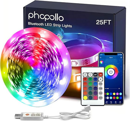 phopollo Led Strip Light, 25ft led Light Strips with Remote & App,Music Sync Mode with Mic, Smart Flexible 24V Led Lights for Bedroom Ceiling, Party,Stairs,USB Powered
