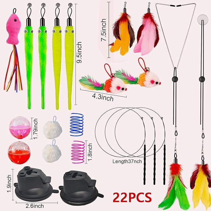 22Pcs 5-in-1 Cat Toys Interactive Cat Toy for Indoor Cats with Sticky Super Suction Cup Detachable Replacements Feathers Balls Mice Spring 3 Wand Hanging Door Kitten Toys-Mewly Pet