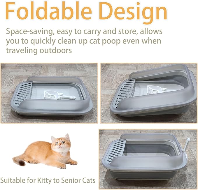 Collapsible Kitten Litter Box, Open Small Cat Litter Box with High Side Shallow Kitten Litter Pan Anti-Splashing Waterproof Low Entry Travel Litter Pan with Falling Sand Pedal-Mewly Pet