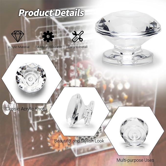 MroMax 2Pcs Tiny Pull Handle Diamond Acrylic Mini Knob 19mm Diameter Clear Shiny Cute Decoration for Jewelry Box, Gift Case and Makeup Box