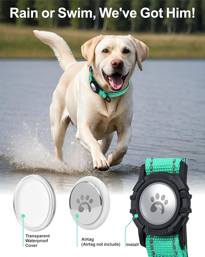 TagME Airtag Dog Collar,Waterproof Reflective Pet Collar with Airtag Holder,Soft Padded and Double D-Rings for Extra Large Dogs,Turquoise-Mewly Pet